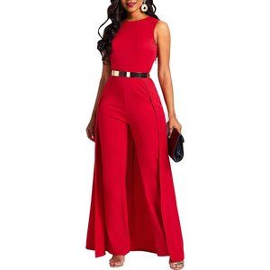 VERWIN Patchwork Overlay Embellished Plain Women's Jumpsuit, Red, XXL